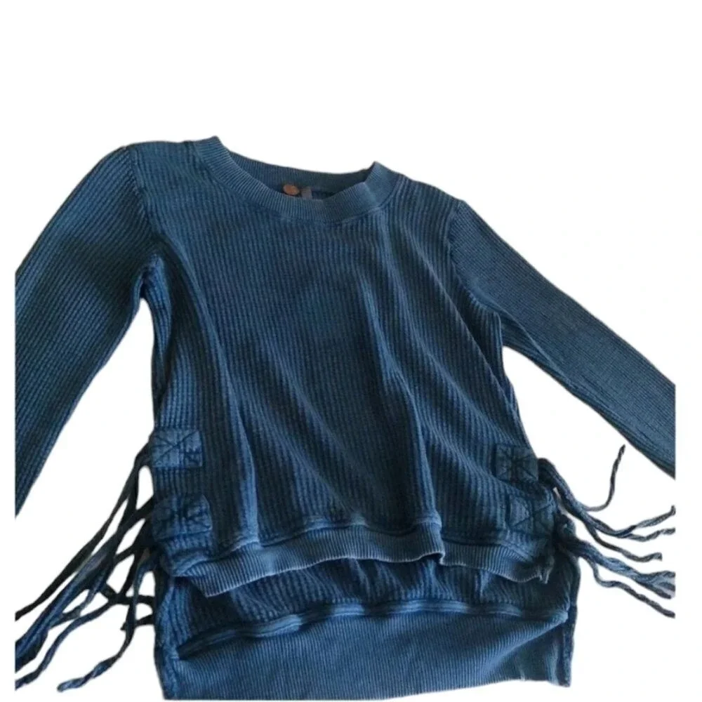 Free People FP One Blue Waffle Knit‎ Tunic Sweater Lace-Up Tie Sides S